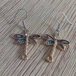 New abalone mother of pearl dragonfly drop statement earrings hand crafted
